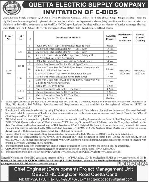 Quetta Electric Supply Company Quetta Tender Notice
